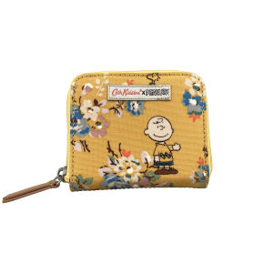 Cath Kidston x Peanuts Special Edition Compact Continental Wallet Water Resistant Small Purse Snoopy Kingswood Rose Pattern Mustard Yellow Color