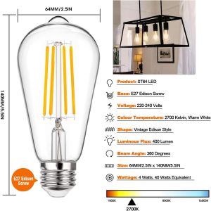 Edison Retro LED Bulb Antique LED Clear Glass Bulb E27 Screw Lamp Holder (220-240V 2700K) Home Cafe Bar Retro Lighting