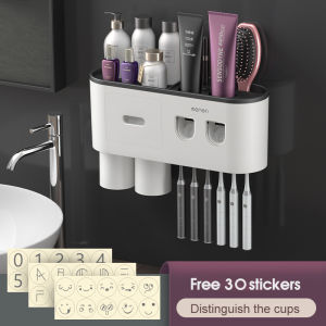 Wall-mounted toothbrush holder with 2 toothpaste dispenser punch-free bathroom storage for home waterproof accessories
