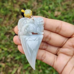 Bluish Light Lavender Natural Type A Jadeite Pendant crafted as Dragon Teeth with Pixiu and Ruyi the symbols of Wealth and good luck certificate weighs 27.63 grams 67.3 * 33.2 * 7.8 mm very suitable for daily wear (pendant58)