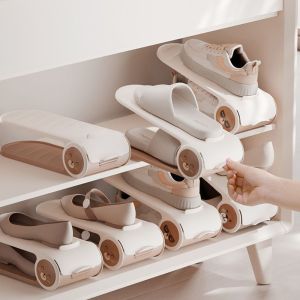 MOUSSE 2pcs ปรับได้ ชั้นวางรองเท้าแบบสองชั้น ป้องกันการลื่น ประหยัดพื้นที่ ชั้นวางรองเท้า 4 ระดับ ใช้งานได้จริง พลาสติก ชั้นเก็บรองเท้า สำหรับบ้าน