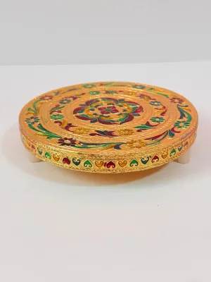 WOODEN GOLDEN MUKALI STOOL PEETA CHOWKI BAJOT WITH MEENAKARI DESIGN POOJA/PUJA POOJA FOR GOD IDOLS HOMETEMPLE DECORATE