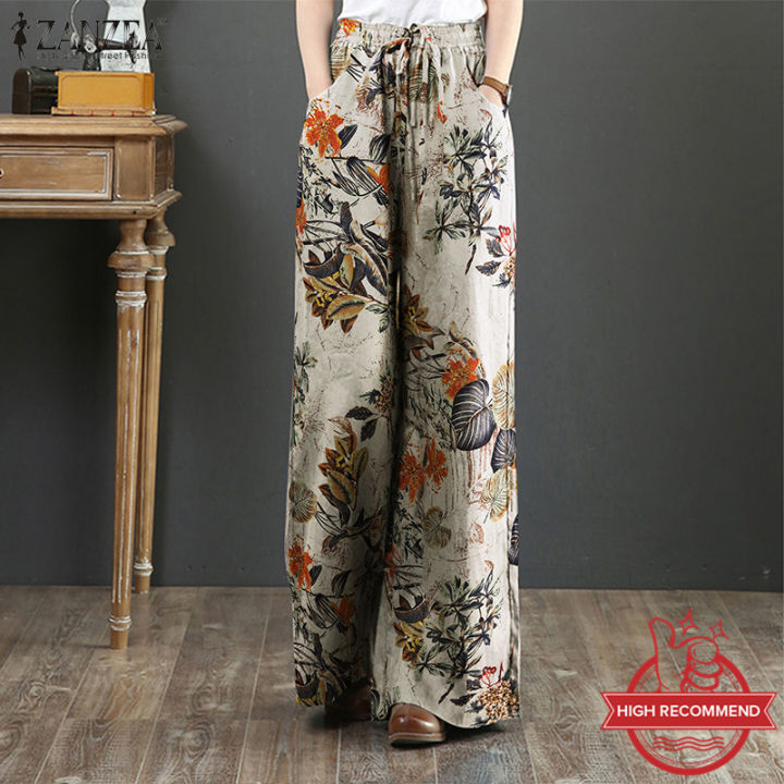 ZANZEA Women Retro Elastic Waist Floral Printed Trousers Wide Leg