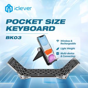 iClever BK03 Portable Keyboard with Stand Holder (Sync Up to 3 Devices) Full-Size Bluetooth Keyboard for iPhone iPad Smartphone Laptop Tablet