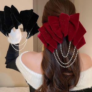 HI MIA Tua rua Kẹp tóc nơ nhung Ngọc Trai Vải Kẹp lò xo thắt nơ Dễ thương Phụ kiện đội đầu Bé gái