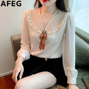 AFEG new Korean version V-neck bow fashion loose all-match temperament chiffon long-sleeved blouse for women
