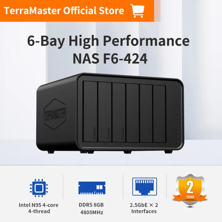 TerraMaster F6-424 NAS Storage 6Bay – N95 Quad-Core CPU, 8GB DDR5 RAM, Dual 2.5GbE Ports, Network Attached Storage with High Performance US Plug（Diskless)