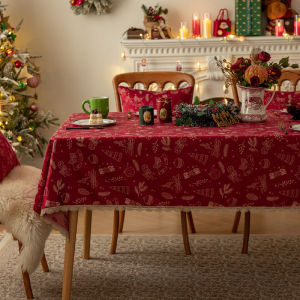 Festive Red Tablecloth with Deer and Snowflakes Waterproof Jacquard Cover for Christmas Table Center