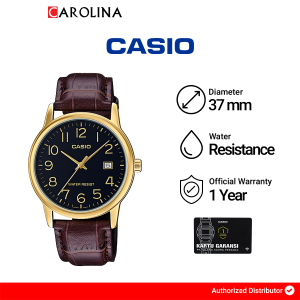 Jam Tangan Pria Casio General MTP-V002GL-1B Analog Quartz Watch Black Dial Brown Leather Strap