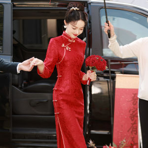Suzhou Jacquard Lace Composite Red Phoenix Tail Festive Maxi Cheongsam 1210-28