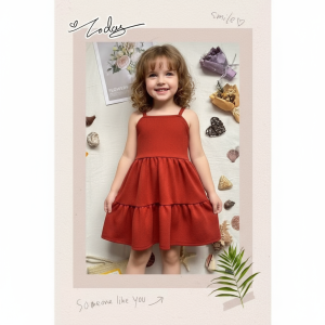 Self Tie Sleeveless Mini Dress for Kids Red Ruffle Design Fit 2-4 Years Old New Trend Fashion Crepe Fabric Easy to Wear #50005