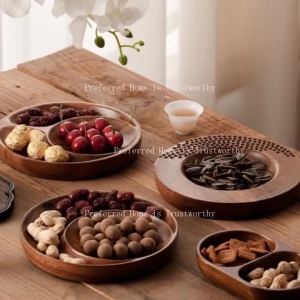 ZZSA Walnut Dried Fruit Snacks Tea Plates Solid Wood Bowls Compartmentalized Storage Boxes Household Use 7P3H9