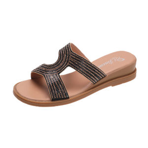 [Free Shipping] WomenS New Summer Wedge Heel Elastic Strap Sandals With Rhinestones Flat-Soled Fashionable Student Outdoor Slippers