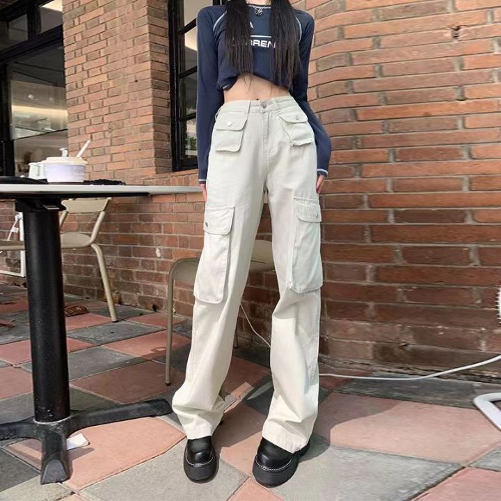 White Workers casual Denim pants for woman High waist American high street  Wide leg jeans