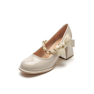 IELGY French pearl chain retro high heel Mary Jane shoes for women