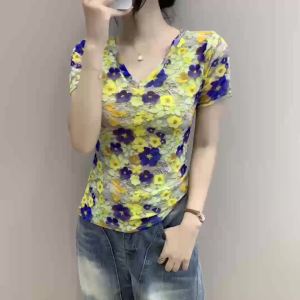 AMMIN 2025 Summer Fashion High Elastic Mesh Small Fresh Floral Print Short Sleeve V-neck Slim Fit T-shirt Womens Korean Style Casual plus size Elegant blouse
