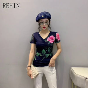 REHIN Womens top Ink painting mesh pleated short sleeve shirt slim fit tide elegant blouse