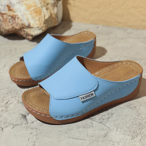 Free Shipping Plus-Size Thick-Soled Casual Slippers For Women New Style Wide Straps Simple And Fashionable Open-Toe Wedge Heel Slippers