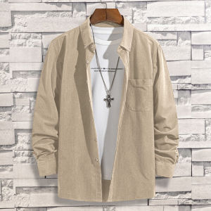 Mens Casual Vintage Shirt Corduroy Long Sleeve Button Down Collar Shirt for Men