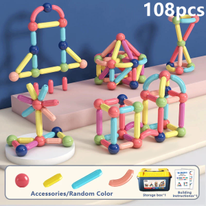 108pcs Magnetic Ball and Stick Kids Building Toy Blocks with Storage Box 3D Geometry Learning Sensory Construction