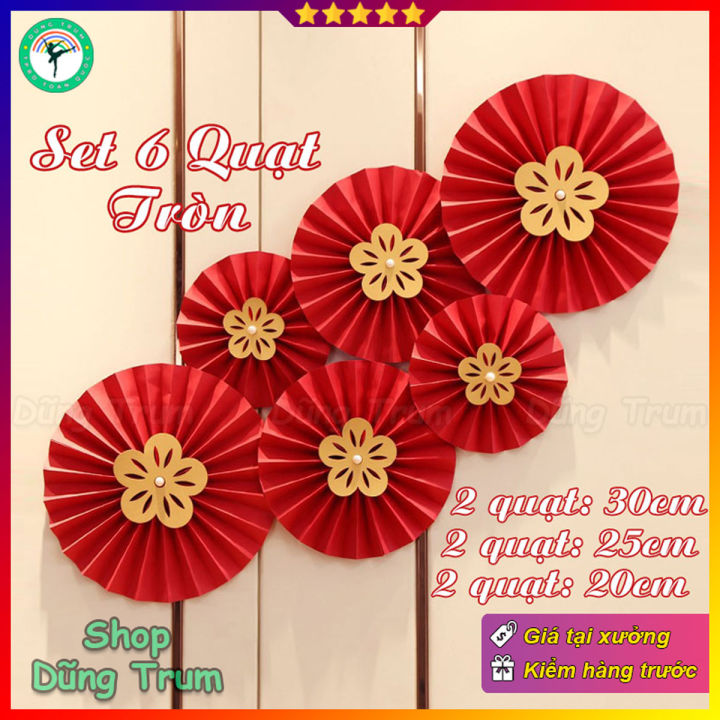 Set 6 Quạt Giấy Đỏ tròn trang trí Tết sẵn keo - Quạt Giấy Xếp Đỏ decor ...