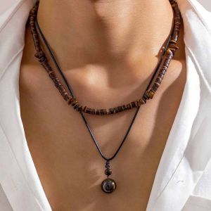 FLUTE Pine Stone Wooden Beads Necklace Retro Pendant Necklaces for Men Personalized Jewelry Sweater Chain Men