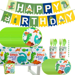 อุปกรณ์ปาร์ตี้ธีมไดโนเสาร์การ์ตูนสีเขียว ของตกแต่งงานปาร์ตี้น่ารัก ชุดเครื่องใช้บนโต๊ะอาหารแบบใช้แล้วทิ้ง ธงกล่องขนม