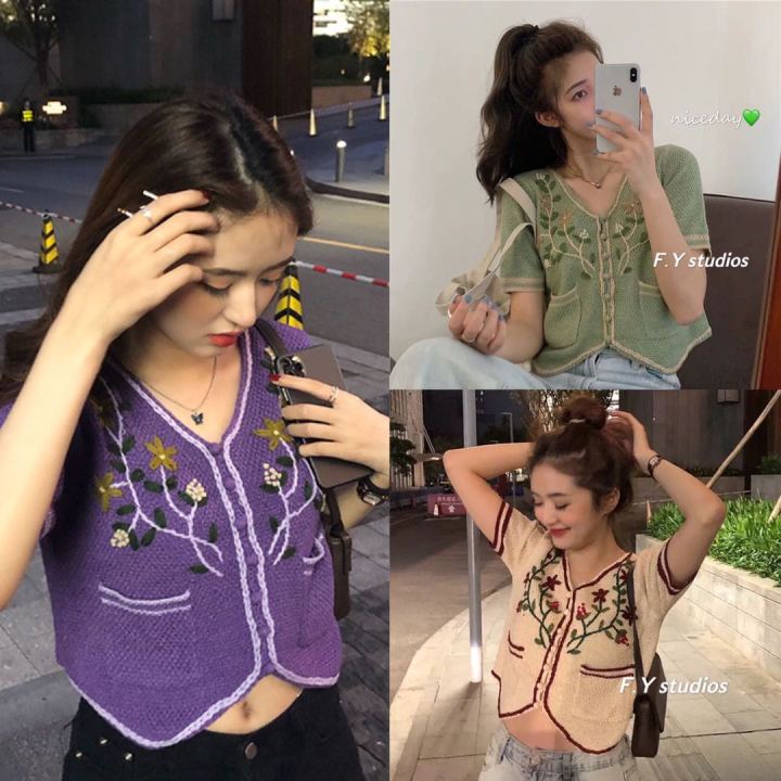 𝙁.𝙔 𝙨𝙩𝙪𝙙𝙞𝙤𝙨 (พร้อมส่ง‼️)เสื้อไหมพรมมีกระดุม เสื้อยืดแขนสั้นดอกไม้ปักถัก ...