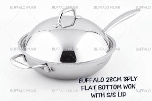TTHUAN BUFFALO 28CM/32CM 3-PLY SUS304 HONEYCOMB WOK FLAT BOTTOM WOK WITH STAINLESS STEEL LID (NO COATING) 牛头牌.28CM/32CM 100% 无涂层不脱落