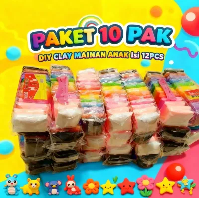 PAKET HEMAT 10 PACK Clay Polymer Super Light 12 Warna Air Dry Isi 12 Pcs Mainan Edukasi Anak Plastisin Lilin Slime Dough Colour Play Murah