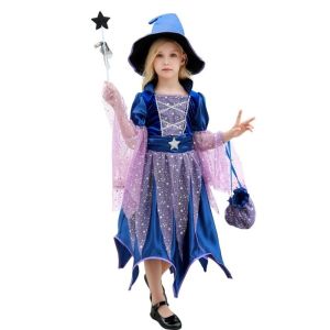 AODDO 100-170cm Halloween Party Costume Set Bag Hat with Wand Girls Kids Witch Dress Outfit Fairy Gothic Ghost Cosplay Carnival Witch Costume Party Wear