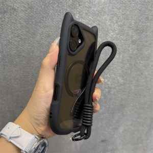 Cute Cat Ear for Magsafe Case for iPhone 13 14 15 16 17 Pro Max 11 12 15 16 Plus Air Transparent PC TPU Armor Wrist Strap Cover
