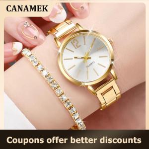 【 CANAMEK 】 6PCS Set Womens Watch Fashion Rhinestone Quartz Watch Necklace Earrings Ring Bracelet Jewelry Set (Without Box)