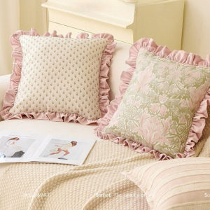 French Luxury Jacquard Cushion Cover with Embroidery Floral 45x45cm Elegant Ruffle Patchwork Sofa Pillowcase for Bedroom Decor2026