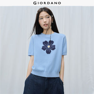 Giordano Women 100% cotton flower jacquard short sleeve knitwear Free Shipping 18356707