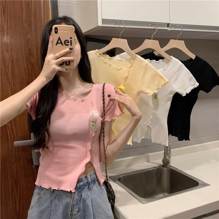 🐰 เสื้อไหมพรมแขนสั้น คอกลม ดีเทลขอบหยัก สีหวานๆ น่ารัก ใส่สบาย พร้อมส่ง ...