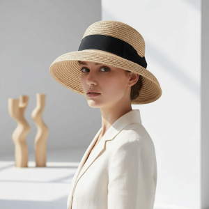 CLOTH High-Density Weave Wheat Straw Cloche Breathable Grosgrain Ribbon Trim French Style Sun Hat Chic Wide Brim Fedora Eco-Friendly Material Round Top Straw Topper Seaside Vacation