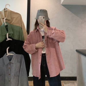 M-4XL Kemeja wanita corduroy lengan panjang kaos basic outer blus fashion longgar setengah panjang gaya