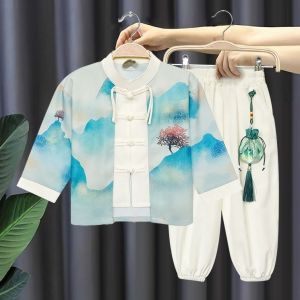 Chinese Ethnic Style Cotton Linen Boys Tang Suit Spring and Autumn Long Sleeve Children Hanfu Baby Kids Birthday Clothes Set Terno Boy Traditional Costumes Chinese New Year Outfit