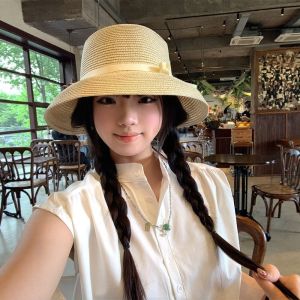 FLYING UV Protection Straw Hat for Women Bow Ribbon Decor Windproof Summer Sun Hats Fashion Versatile Beach Hats Beach Vacation