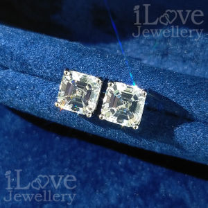 iLove Jewellery 925 Sterling Silver 18K White Gold Plated 2ct Asscher Cut Cubic Zirconia Earrings Subang Telinga Stud Jewelry Diamond Women Birthday Gift Fashion ILE007