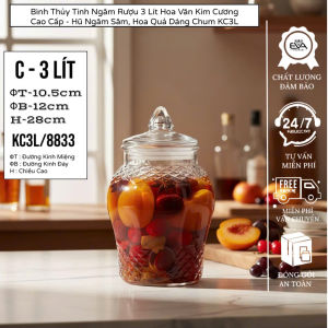 Bình Thủy Tinh Ngâm Rượu 3 Lít Hoa Văn Kim Cương Cao Cấp - Hũ Ngâm Sâm Hoa Quả Dáng Chum KC3L