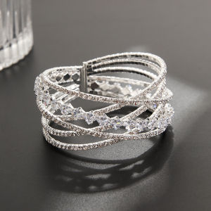 European and American cross-border jewelry zircon rhinestone wide bracelet multi-layer cross elastic shiny bridal wrist accessory wholesale B325