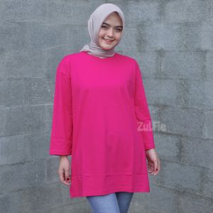 Kaos Oversize Wanita Lengan Panjang 7/8 Basic Polos Magenta Belah Samping Atasan Jumbo Dewasa LD 130