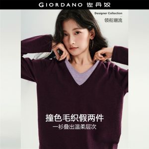 Giordano Women Fake two-piece contrast v-neck sweater Free Shipping 18356228