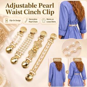 Adjustable Pearl Waist Cinch Clip No Sew Shirt Tightener Decorative Metal Buckle for Loose Dress Pants Fashion Styling Accessory