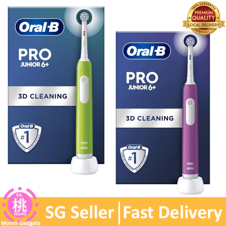 Oral B Junior Kids Electric Toothbrush Rechargeable for Children Aged 6 - 12, 1 Children’s Electric Toothbrush Rechargeable Handle and 1 Sensitive Toothbrush Replacement Head Powered by Braun, Purple