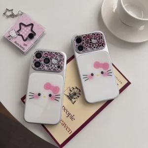 Cute Pink Leopard Print KT Phone Case for iPhone 17 Pro Max 14 15 16 Pro Max Luxury High-end Shockproof Back Cover