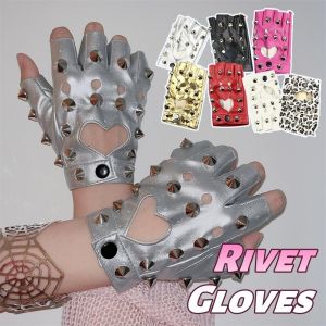 NBANLIKE Fingerless Rivet Gloves Leopard Print PU Leather Half-palm Gloves Fashion Y2K Patent Leather Gloves Girls