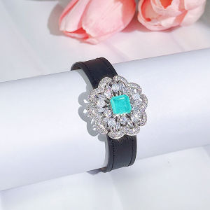 SEQUITO New Arrival Women Fashion Wrist Jewelry Pave Setting Multicolor AAAAA Zirconia Adjustable Leather Belt Floral Shape Daily Wear Bracelet Bangle B223